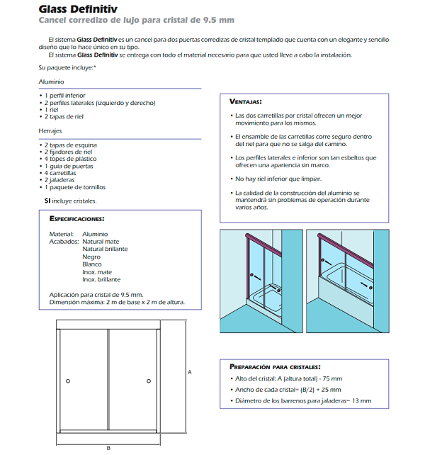 CANCEL PARA BAÑO CORREDIZO DE LUJO MOD GLASS DEFINITIV CRISTAL T DE 10 MM 1.2 X 2 MTS
 - Ideas Home